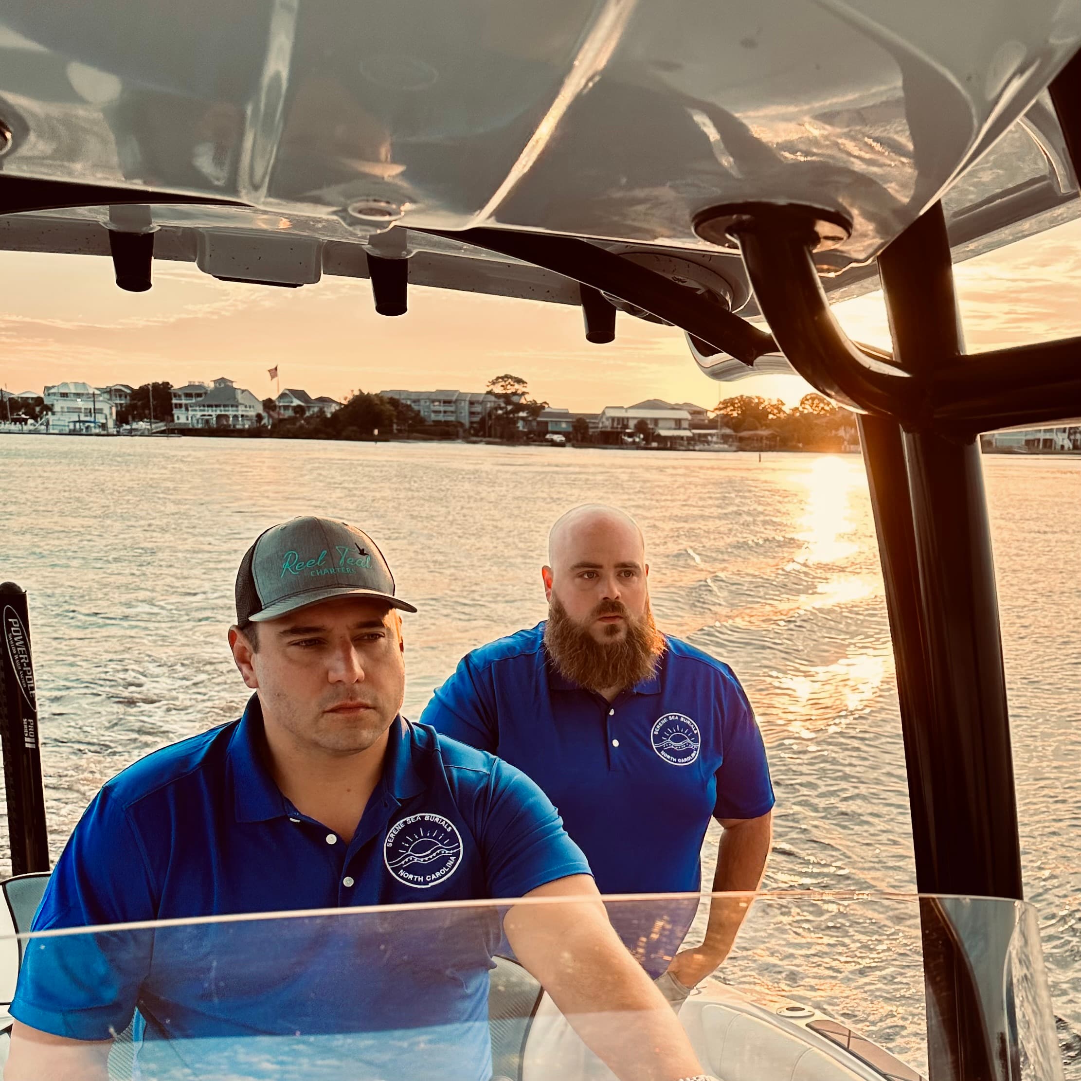 Serene Sea Burials crew at sunset heading out from Carolina Beach